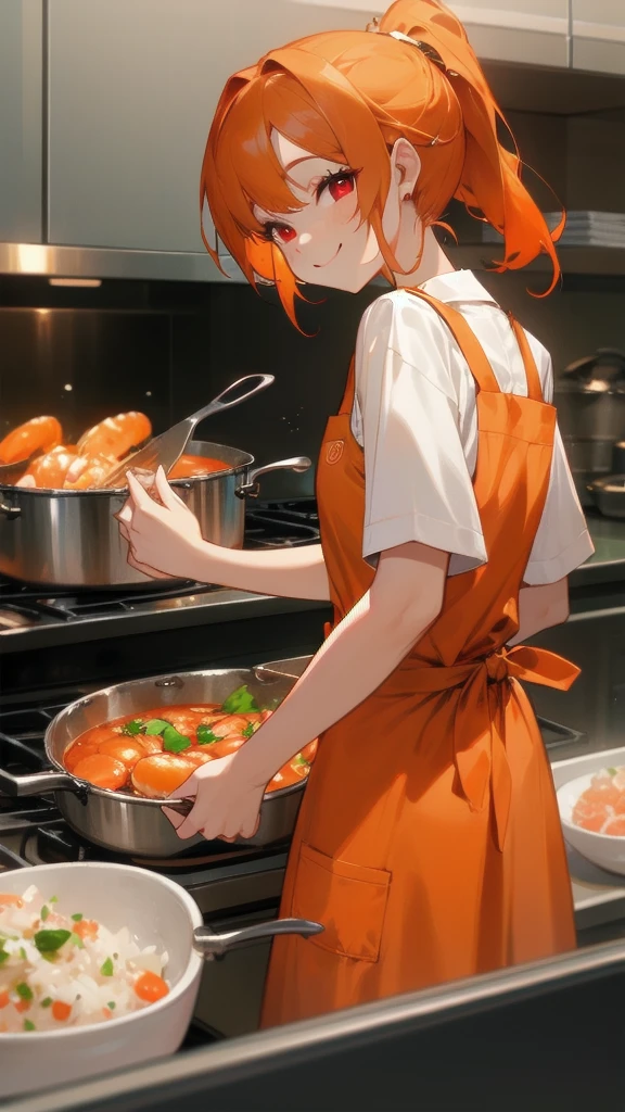 Cute grandma shrimp is cooking delicious food in the kitchen,  From behind 、Orange Hair、ponytail、Round red eyes、apron、Green and orange clothing、smile、smile