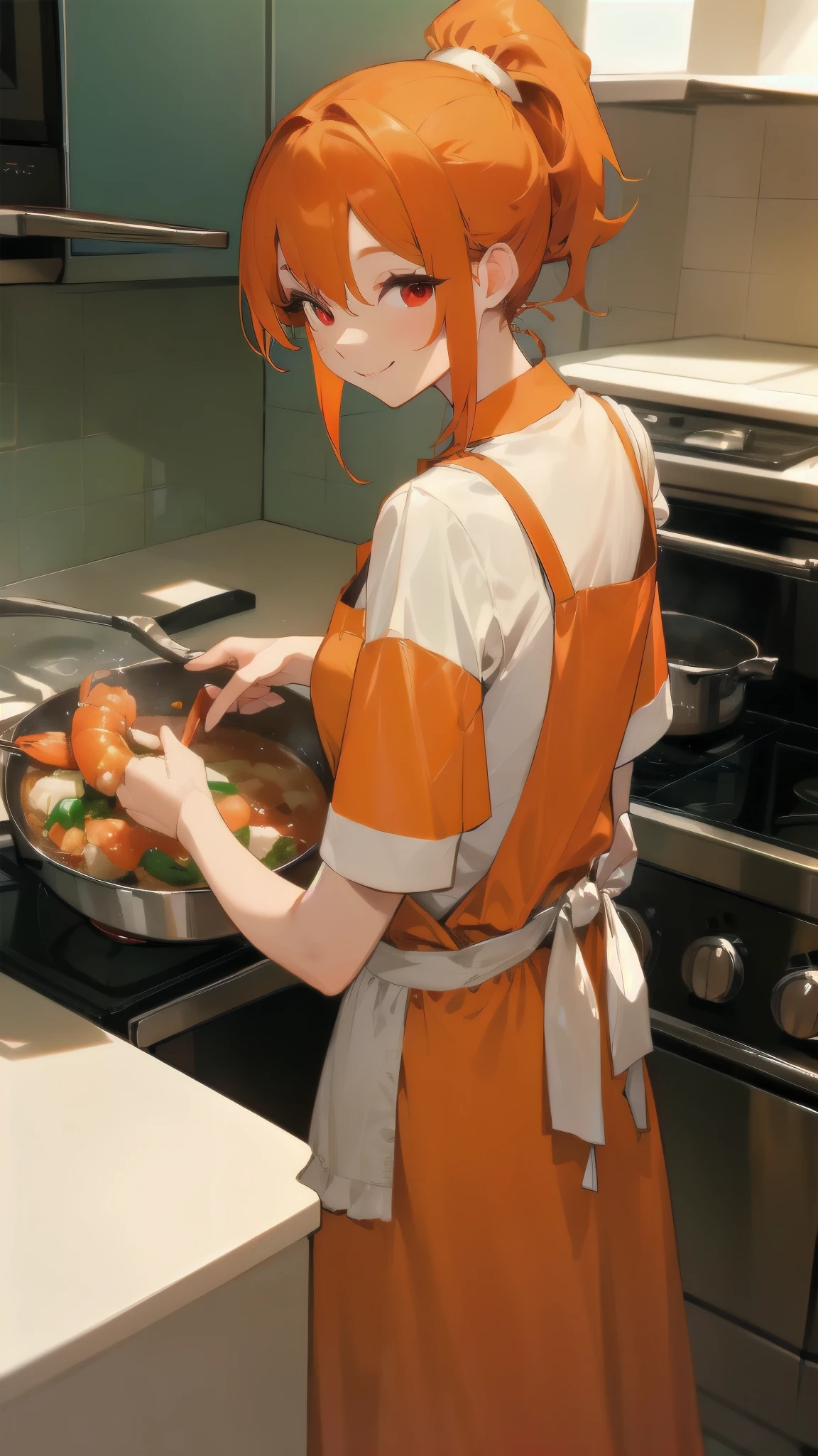 Cute grandma shrimp is cooking delicious food in the kitchen,  From behind 、Orange Hair、ponytail、Round red eyes、apron、Green and orange clothing、smile、smile