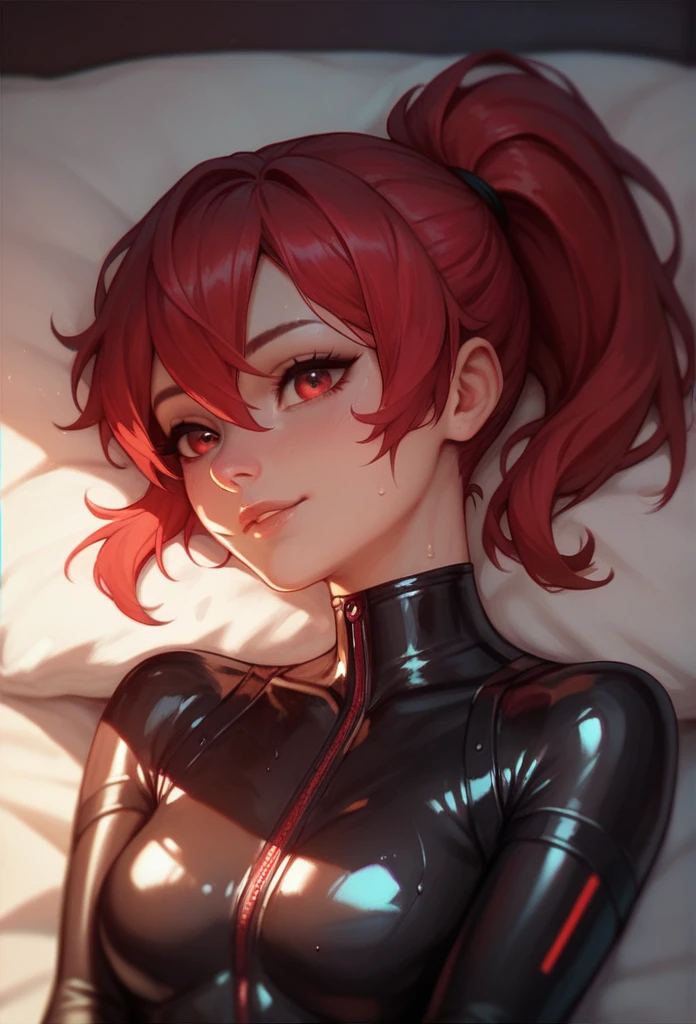 (Best quality, high detailed), 1girl, black latex suit, red Hair, ponytail, Red Eyes, cyber bodysuit, Lying in bed, sweat, backlight, cute face, Anime Face