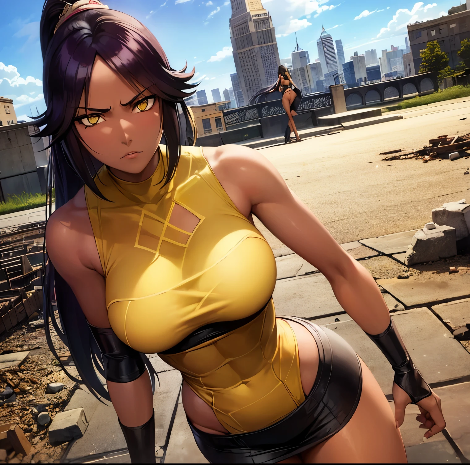 ((1girl)),((alone)),yoruichi shihouin,, \(Bleach \),(masterpiece), (best quality), (ultra detailed), (best illustration), (best shadow), (absurdities) , sharp focus, cowboy shot, atmospheric perspective, depth of field, dynamic posture, ((looking at viewer)), medium breasts, narrow waist, wide hips, toned thighs, round butt, erotic, romantic, (highly detailed eyes, lips 1.1), highly detailed eyes, eyes, Highly detailed face, Very beautiful face, Symmetrical face, Aesthetic face, perfect face, perfect eyes, detailed eyelashes: 1.5), full height, beautiful figure thin, femininity, expressive appearance, elastic medium breasts, sexuality, half-open lips, long hair, (yellow eyes: 1.5), ponytail, hair purple, dark skin, dark skin woman, crisscross halter, black crisscross halter, bare arms, bare shoulders, sideboob,underboob , curves, defined body, Perfect and beautiful body, perfect and beautiful, stoic expression, closed mouth, ((serious expression)), blushing, (sexy pose: 1.2), ((solo)), standing: 1.3, ((exterior ,cityscape, ruins,destroyed buildings, rubble , city,streets, sunny ,clear sky,)), Looking ahead ,((focus on the hips:1.4)), point of view:(from below), perfect anatomy, perfect hands