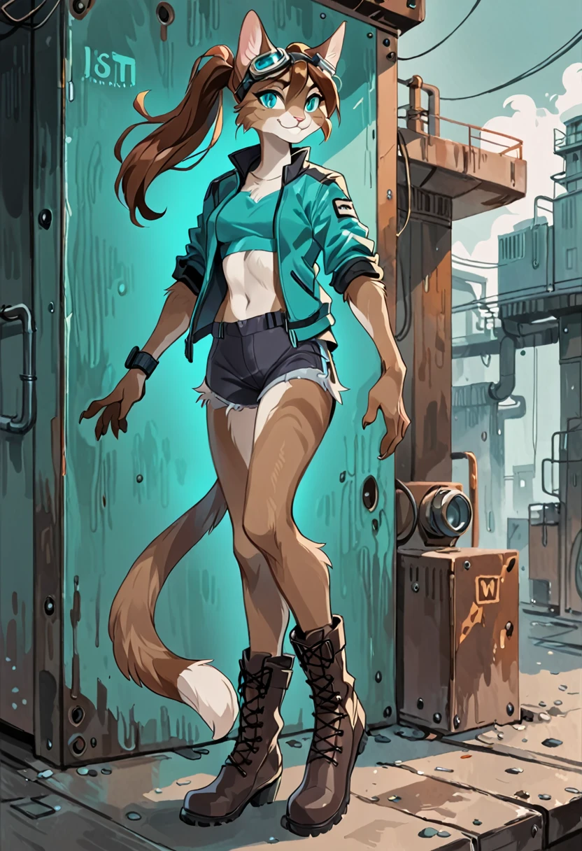 (solo), female anthro cat, ponytail btown hair, (brown fur)), handsome, turquoise eyes, by windwttom, smiling, cool, digitigrade, industrial, majestic, modern, shorts, jacket, goggles, furgonomic boots