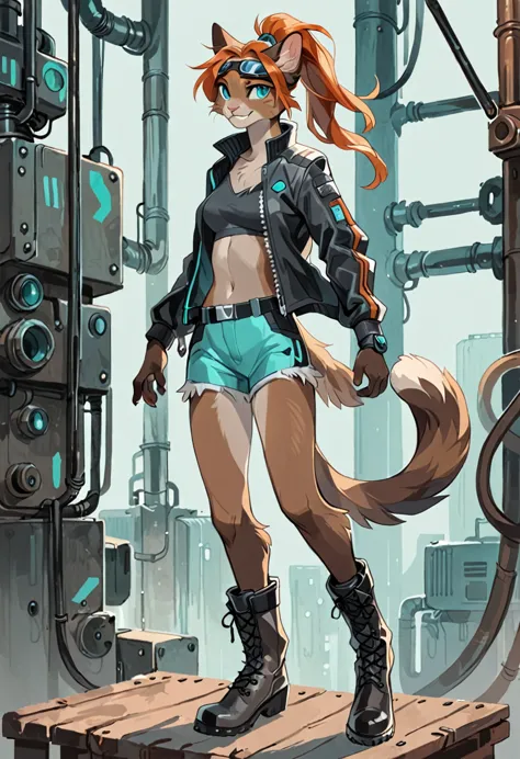 (solo), female anthro cat, ponytail orange hair, (brown fur)), handsome, turquoise eyes, by windwttom, smiling, cool, digitigrad...