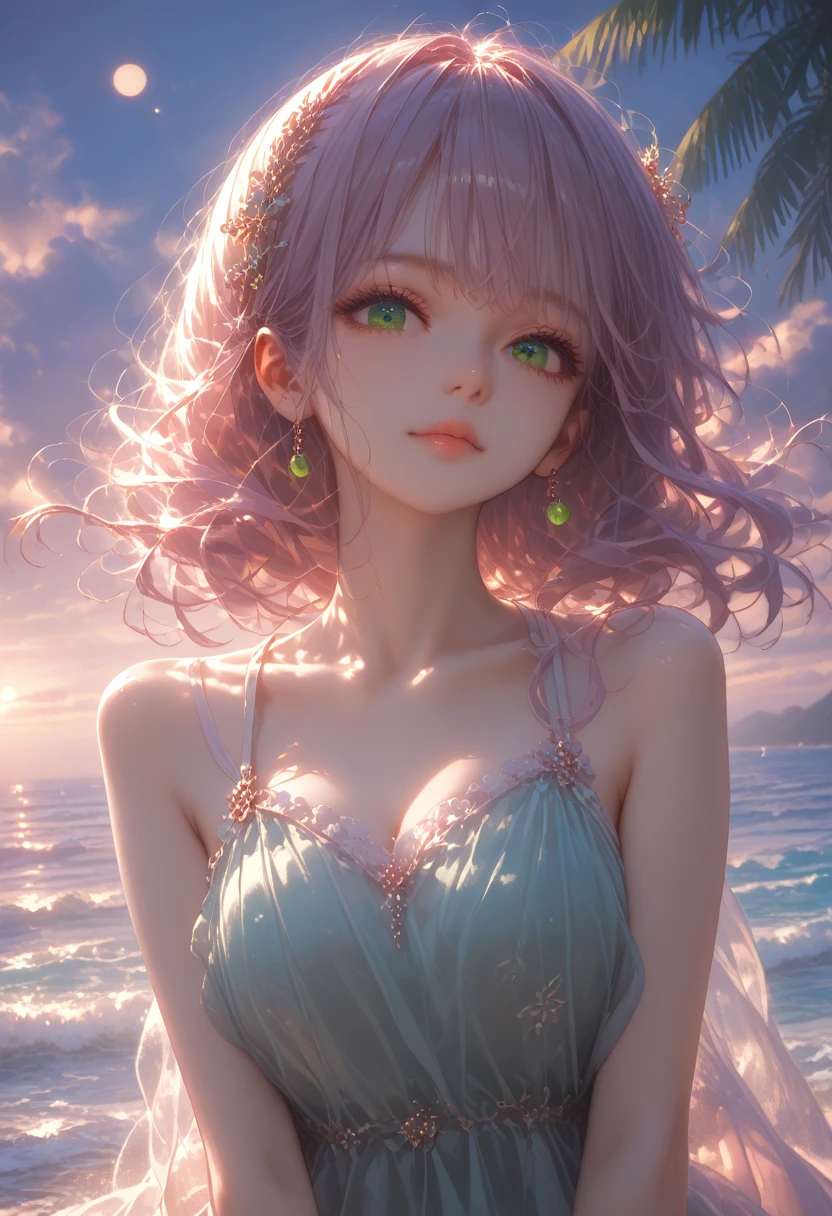 Anime Girl in a swimsuit Lies on a Squeak on a Towel Very Beautiful Figure Sexy Green Eyes, bright colors, Clear Drawing of Details, background Palm trees Sand Sea Sea waves Sunny Beautiful day, warm colors, beauty, masterpiece, Full Detailing, ideal anatomy, score_9, score_8_up, score_7_up, dramatic lighting, highly detailed, high budget, bokeh, cinemascope, moody, epic, gorgeous, film grain, grainy, masterpiece, best quality, perfect anatomy, very aesthetic, official art, 8k, Shine, 