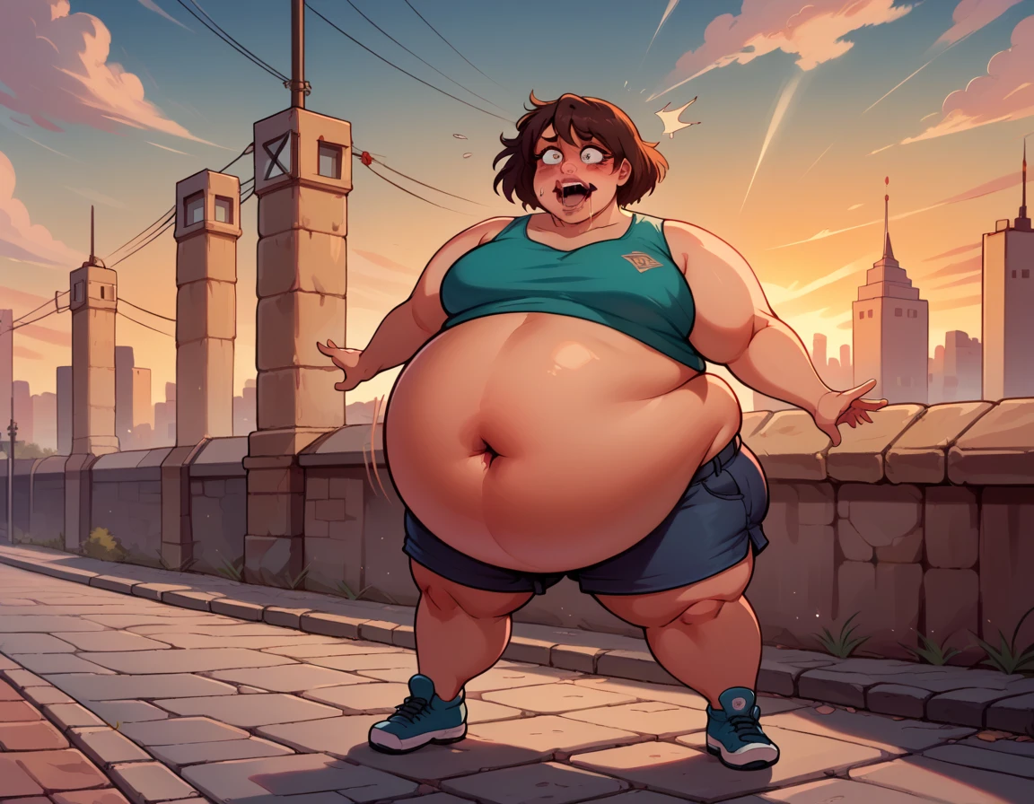 One human woman struggling to walk, having trouble walking, off balance, cobblestone road, sunset, cityscape, light shafts,  bbw, (extremely large wide belly), short shorts heavy make up, volumetric lighting, detailed skin, safe for work, good anatomy, puffed legs, crazy emotions,  foaming at the mouth 