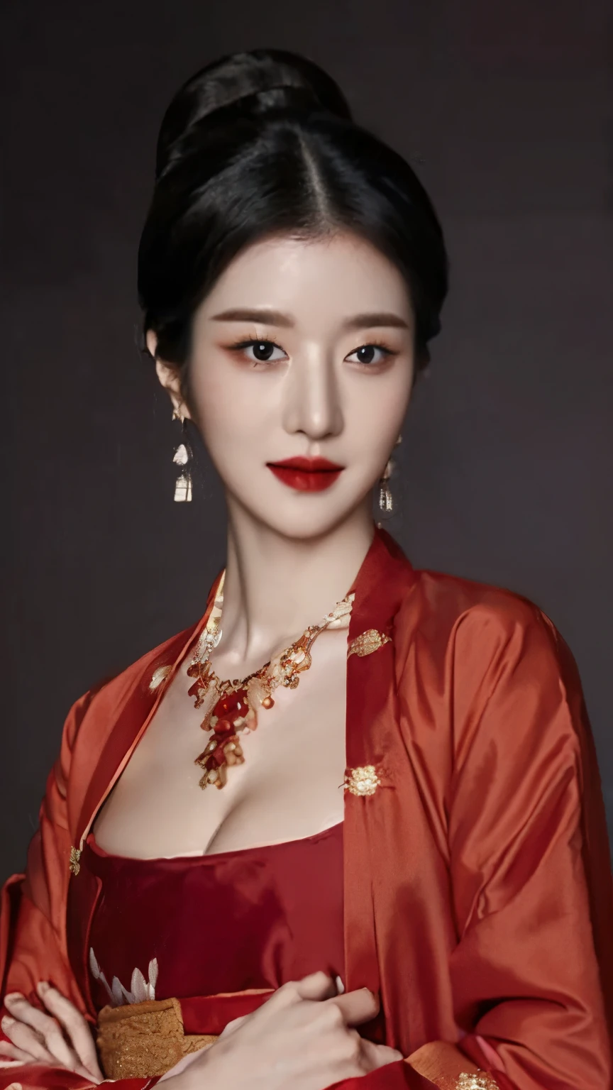 ((Top quality, 8k, Masterpiece: 1.3)),    Beautiful elegant_Queen,    The Last Empress of Chosun.   (Korea).   Beautiful woman with perfect figure :1.4, Slim stomach :1.2,    ((big breasts;1,2)),     ultra detailed lips,     detailed eyes,     long eyelashes,    Facial makeup.    Red Lipstick.     hair accessories.     ((Hair in a bun)),    Gold_jewelry,    Earrings,    necklaces 

((red Hanbok_red robe_chest cleavage)).  

((Just showing face)).     ((Just showing face)).    face makeup with lipstick,    ((Dark background))