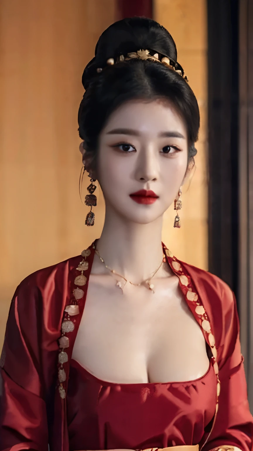 ((Top quality, 8k, Masterpiece: 1.3)),    Beautiful elegant_Queen,    The Last Empress of Chosun.   (Korea).   Beautiful woman with perfect figure :1.4, Slim stomach :1.2,    ((big breasts;1,2)),     ultra detailed lips,     detailed eyes,     long eyelashes,    Facial makeup.    Red Lipstick.     hair accessories.     ((Hair in a bun)),    Gold_jewelry,    Earrings,    necklaces 

((red Hanbok_red robe_chest cleavage)).  

((Just showing face)).     ((Just showing face)).    face makeup with lipstick,    ((Dark background))