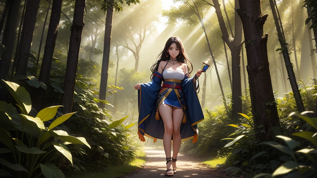 just a beautiful amazon warrior girl walking in a forest, holding a lamp in her hand, wearing sexy clothes, very beautiful, sun rays passing through the leaves