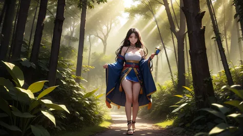 just a beautiful amazon warrior girl walking in a forest, holding a lamp in her hand, wearing sexy clothes, very beautiful, sun ...