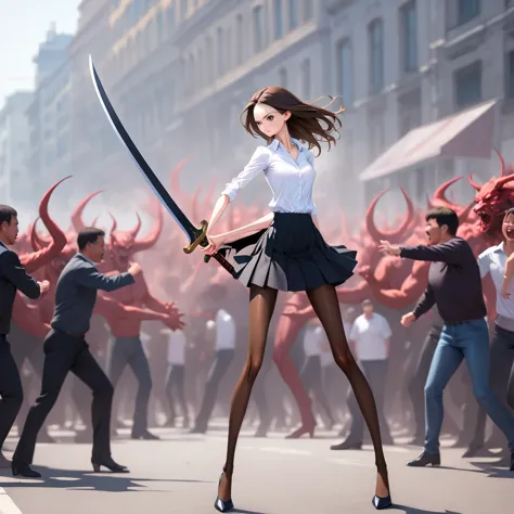 skinny skinny girl. in a shirt skirt. in pantyhose. in heels. fights with a huge two-handed sword, against a crowd of demons