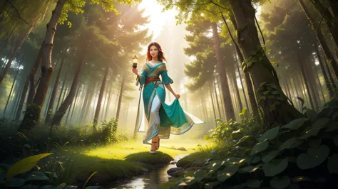 just a beautiful warrior girl walking in a forest, holding a lamp in her hand, wearing very beautiful sensual clothes, sun rays ...