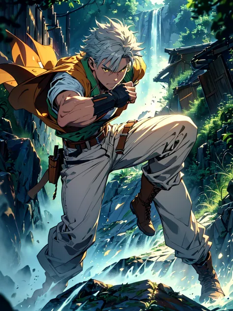 2 anime style wizard man, emanating ice energy, white and spiky hair, yellow eyes, wearing a white button down shirt, wearing gr...