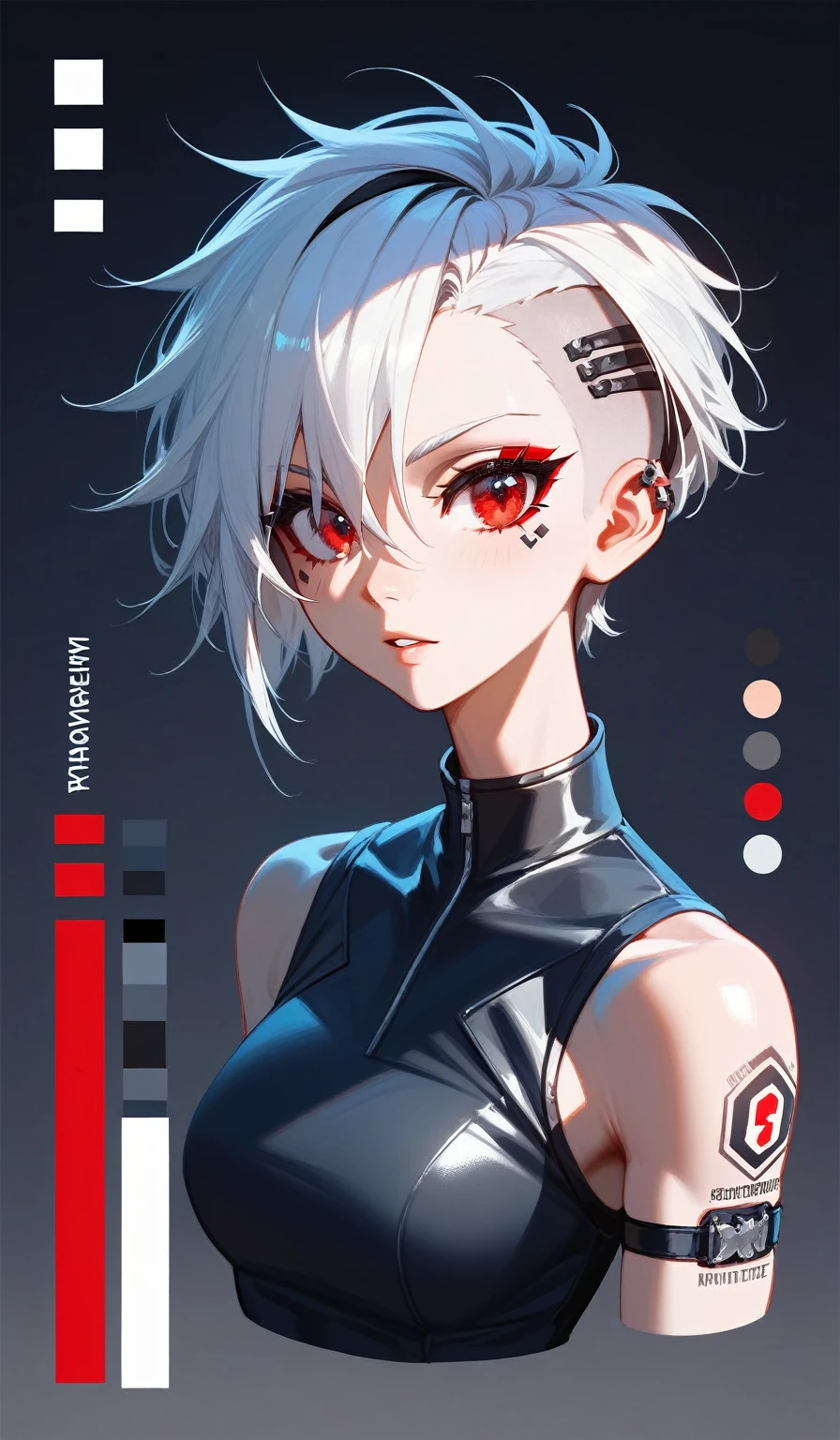 (masterpiece, Best quality Best quality:1.2), alone、whole body、front、character sheet、short hair, white hair, red eyes, bang hair, cyber punk style, cut girl, (((whole body))), female repairman