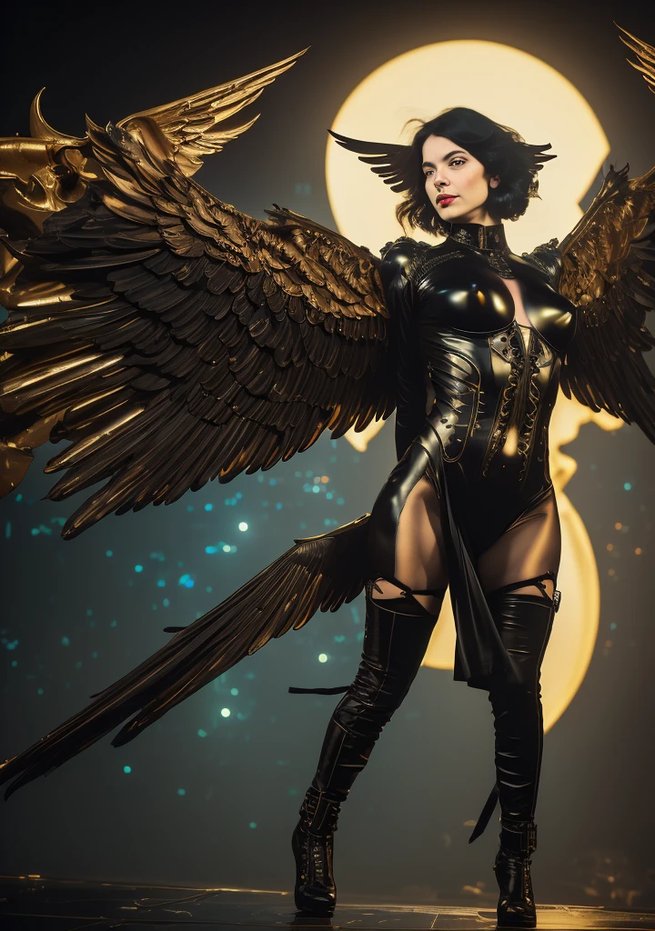 Full body woman with wings flying,(John Singer Sargent:1.2),JinxLol. darksynth, cyberpunk, goth, psychedelic, psychedelic darkcyberpunk. high resolution of details. work of art. 4k hd