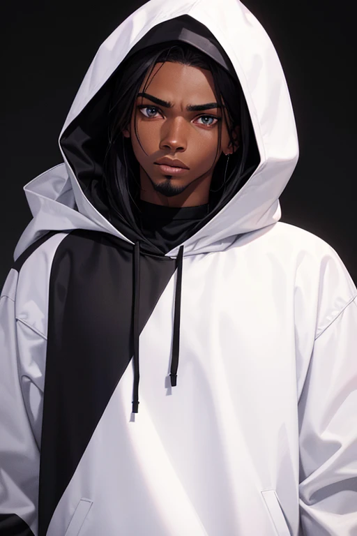 create a black character wearing a black sweatshirt and hood. He is 20 years old, has full lips, a thin jaw with a goatee, and has a serious face.. png background for editing 100% white with low lighting
