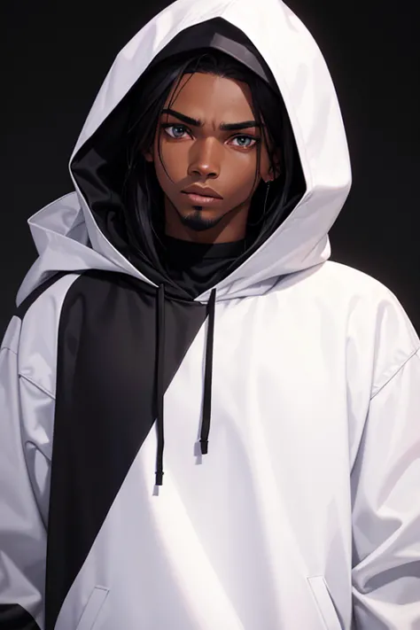 create a black character wearing a black sweatshirt and hood. he is 20 years old, has full lips, a thin jaw with a goatee, and h...