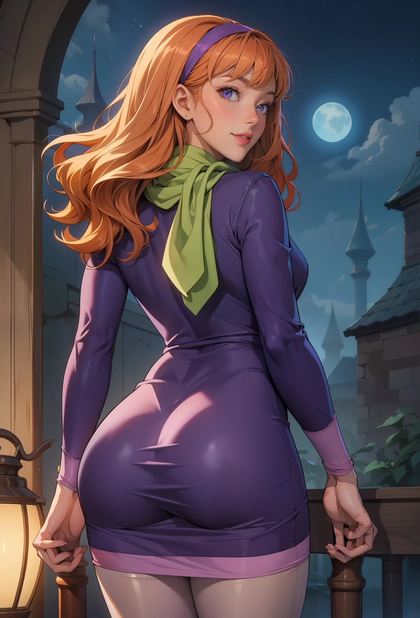 perfect eyes:1.2, detailed eyes:1.4, smile, daphneblake, orange hair, long hair, purple eyes, purple hairband, green scarf,pink pantyhose, purple dress, long sleeves, makeup, cowboy shot, 1girl, solo, (masterpiece:1.6, best quality), 8k, insane details, intricate details, hyperdetailed, hyper quality, high detail, ultra detailed, professional, HDR, ray tracing reflection, cinematic lighting,