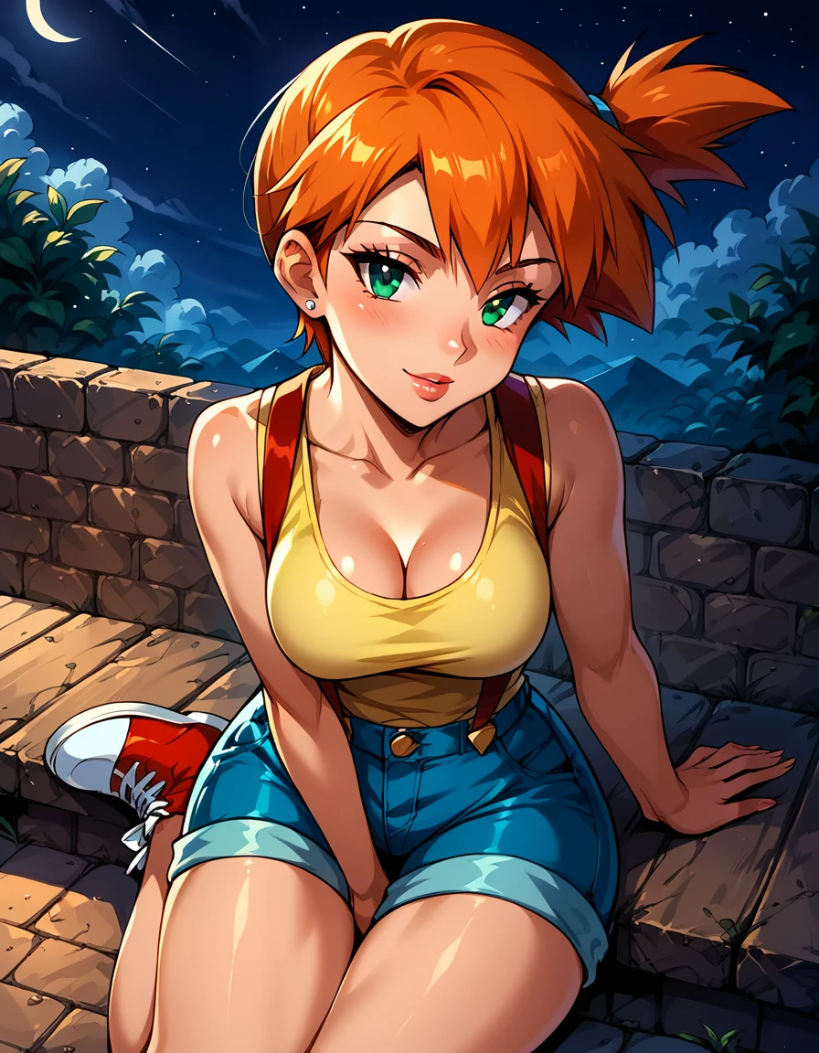 Dark Fantasy Art of score_9, score_8_up, score_7_up, rating_questionable, fantasy, lighting, epiCPhoto BREAK 1girl, mature woman, very sexy (Misty_Pokemon), (short hair, orange hair, one side up hair, green eyes, medium breasts, skinny), BREAK cleavage, (yellow t-shirt, tight sleeveless t-shirt, red suspenders:1.3), blue shorts, red sneakers, BREAK solo, cute, flirt, gaze, sexy look, half-closed eyes, head tilt, filled lips, thick lips, makeup, BREAK face portrait, modelling shoot, sexy pose, sitting, knees bent, fantasy rooftop setting, BREAK dark, moody, dark fantasy style, (night, moonless night:1.2), high angle.