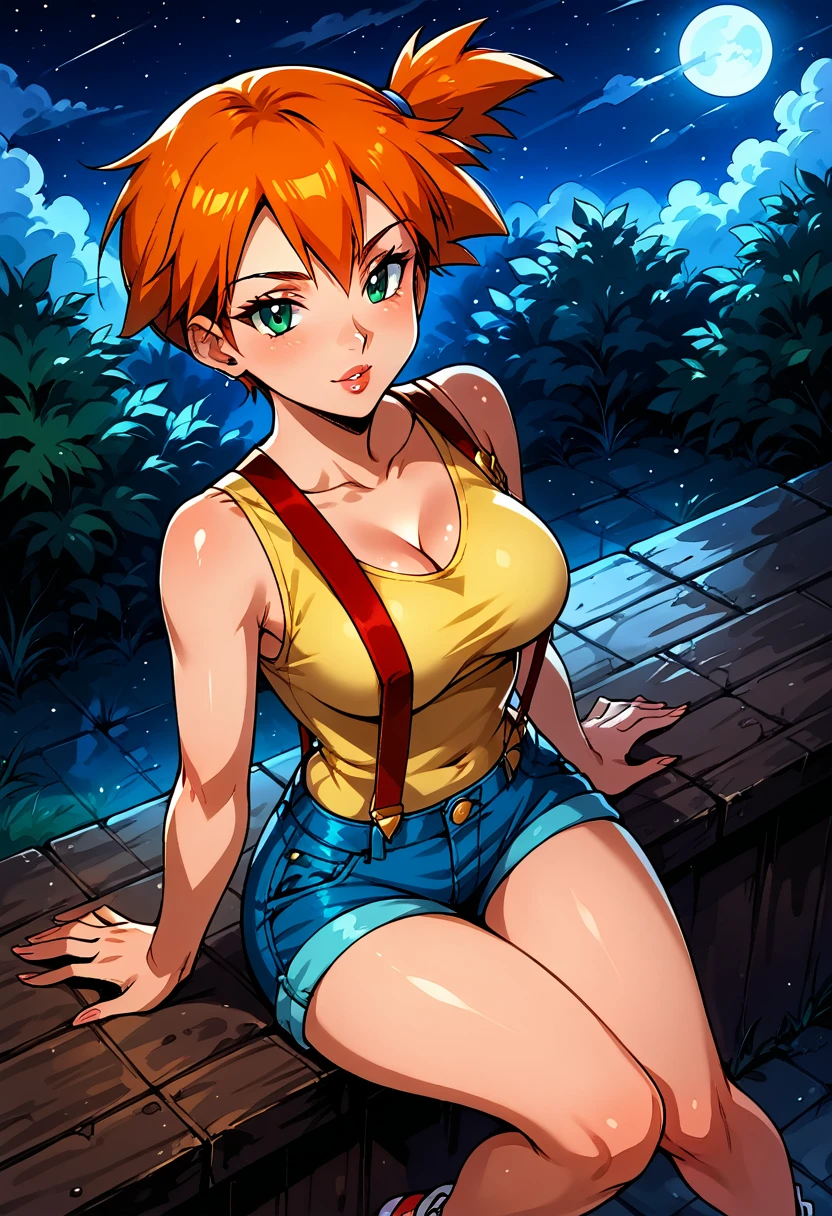 Dark Fantasy Art of score_9, score_8_up, score_7_up, rating_questionable, fantasy, lighting, epiCPhoto BREAK 1girl, mature woman, very sexy (Misty_Pokemon), (short hair, orange hair, one side up hair, green eyes, medium breasts, skinny), BREAK cleavage, (yellow t-shirt, tight sleeveless t-shirt, red suspenders:1.3), blue shorts, red sneakers, BREAK solo, cute, flirt, gaze, sexy look, half-closed eyes, head tilt, filled lips, thick lips, makeup, BREAK face portrait, modelling shoot, sexy pose, sitting, knees bent, fantasy rooftop setting, BREAK dark, moody, dark fantasy style, (night, moonless night:1.2), high angle.