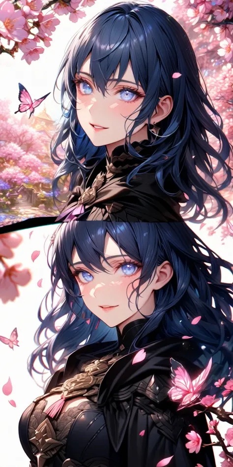 absurdres, highres, ultra detailed, HDR, master piece, best quality, extremely detailed, detailed eyes, detailed face, Byleth, dark blue hair, expressive blue eyes, Fire Emblem Three Houses, solo, woman, beautiful, smile, handsome, black cape, black clothes, cherry blossoms, pink butterflies, pink petals, pink flowers, garden, magical, fantasy 