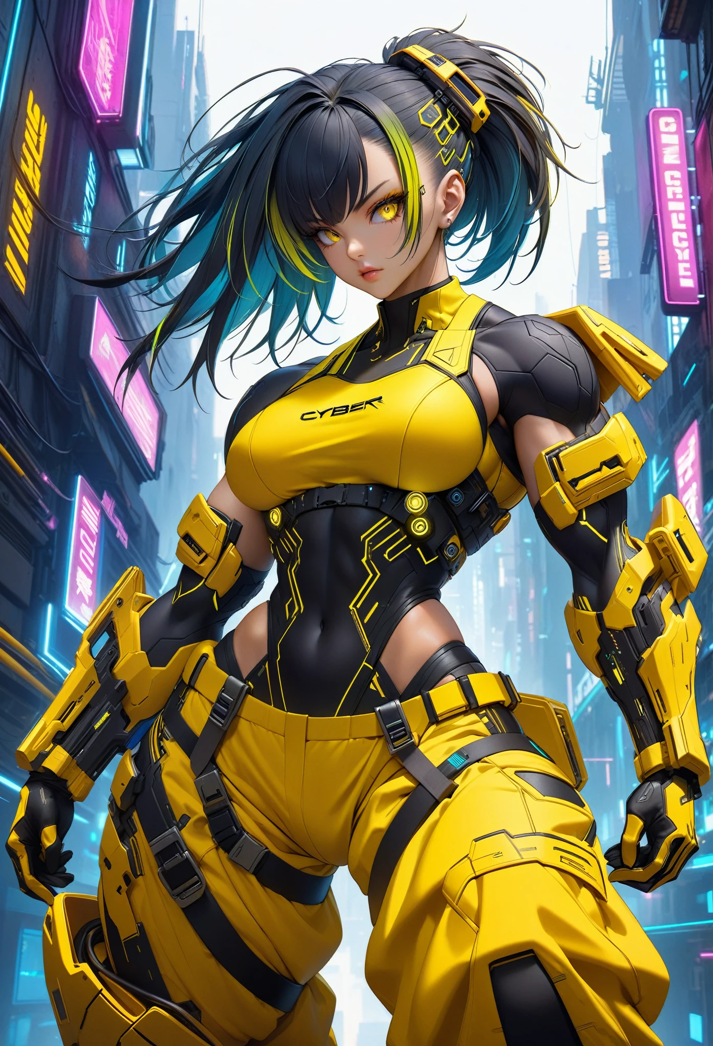 Ultra Quality, Extremely Detailed, High Resolution, CyberPunk Girl, (1girl), Cyber Girl, CyberPunk Warrior, medium shot, yellow cyber goggles, cyber hair, muscular body, neon zone, wearing yellow sleeveless cyber armor, baggy pants, dynamic angle, cyber guns, cyber gloves