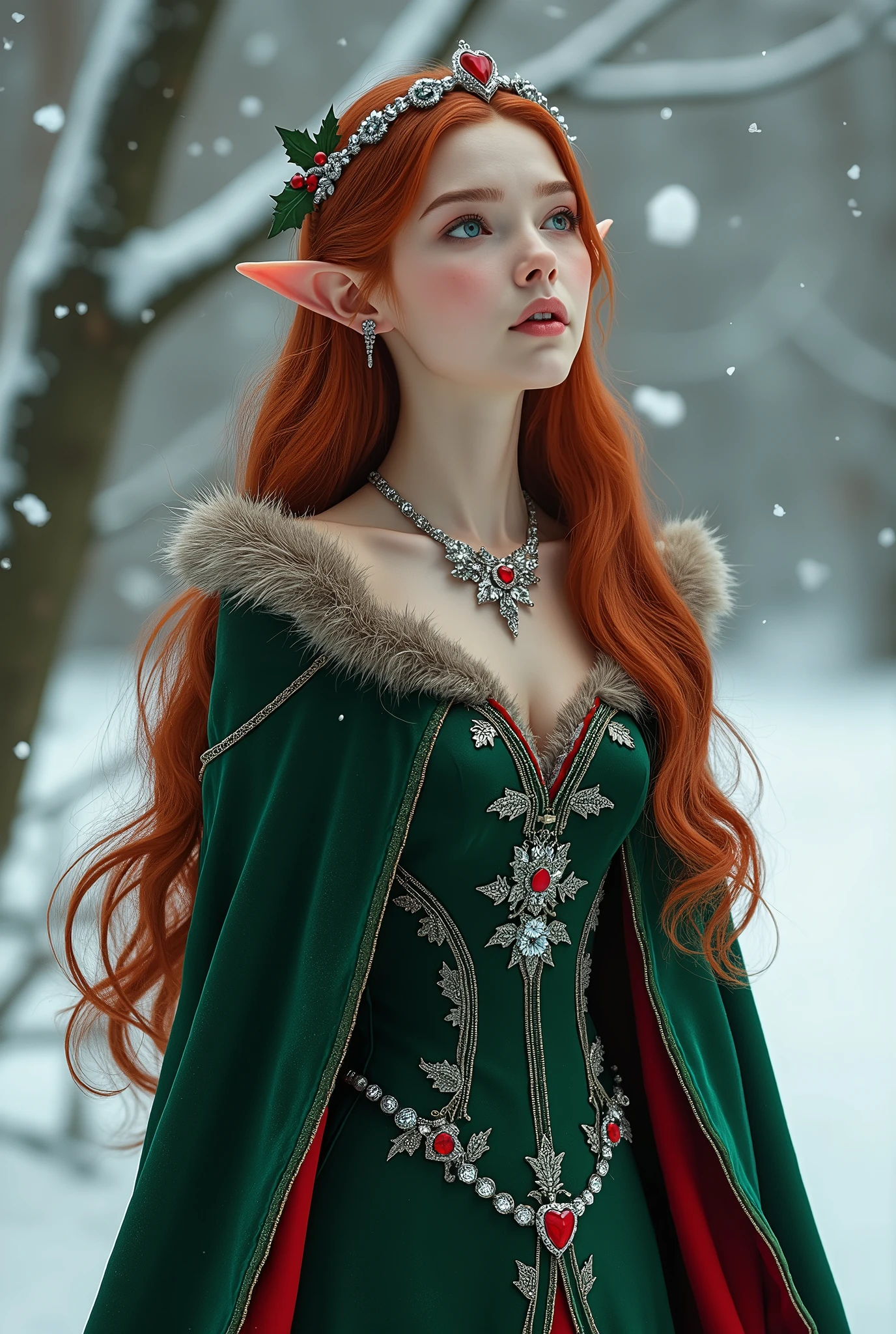 In this snowy holiday scene, we see the gorgeous elvin princess, Faerail. The princess has flowing red hair and is wearing a small silver holly-patterned tiara with a heart shaped red gem set in the center. She is wearing an alluring forest green and red holiday ball gown trimmed with a silver holly pattern. She wears a braided silver cord around her waist to accentuate her nubile, hourglass figure and on her feet we see a matching pair of green boots. She is also wearing a beautiful silver necklace with a Red gem set in the center and matching earrings in her delicate pointed ears. Over her gown, she wears a forest green, fur-lined cloak with a red lining. She is the picture of beauty and perfection as she sings to an unseen audience as the snow falls around her. perfect body, perfect hands, gold eyes, c-cup breasts, beautiful, seductive, 8K, Fujifilm, ultrarealistic, action