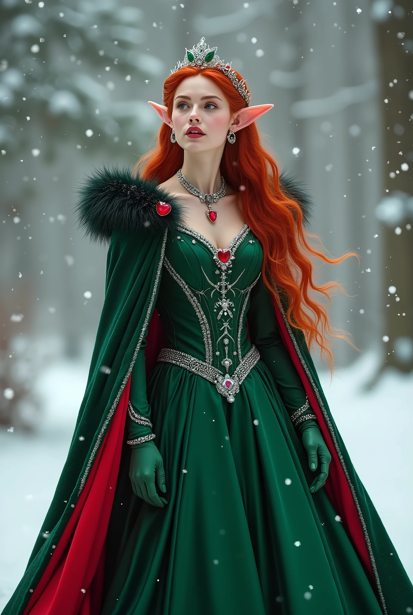 In this snowy holiday scene, we see the gorgeous elvin princess, Faerail. The princess has flowing red hair and is wearing a small silver holly-patterned tiara with a heart shaped red gem set in the center. She is wearing an alluring forest green and red holiday ball gown trimmed with a silver holly pattern. She wears a braided silver cord around her waist to accentuate her nubile, hourglass figure and on her feet we see a matching pair of green boots. She is also wearing a beautiful silver necklace with a Red gem set in the center and matching earrings in her delicate pointed ears. Over her gown, she wears a forest green, fur-lined cloak with a red lining. She is the picture of beauty and perfection as she sings to an unseen audience as the snow falls around her. perfect body, perfect hands, gold eyes, c-cup breasts, beautiful, seductive, 8K, Fujifilm, ultrarealistic, action