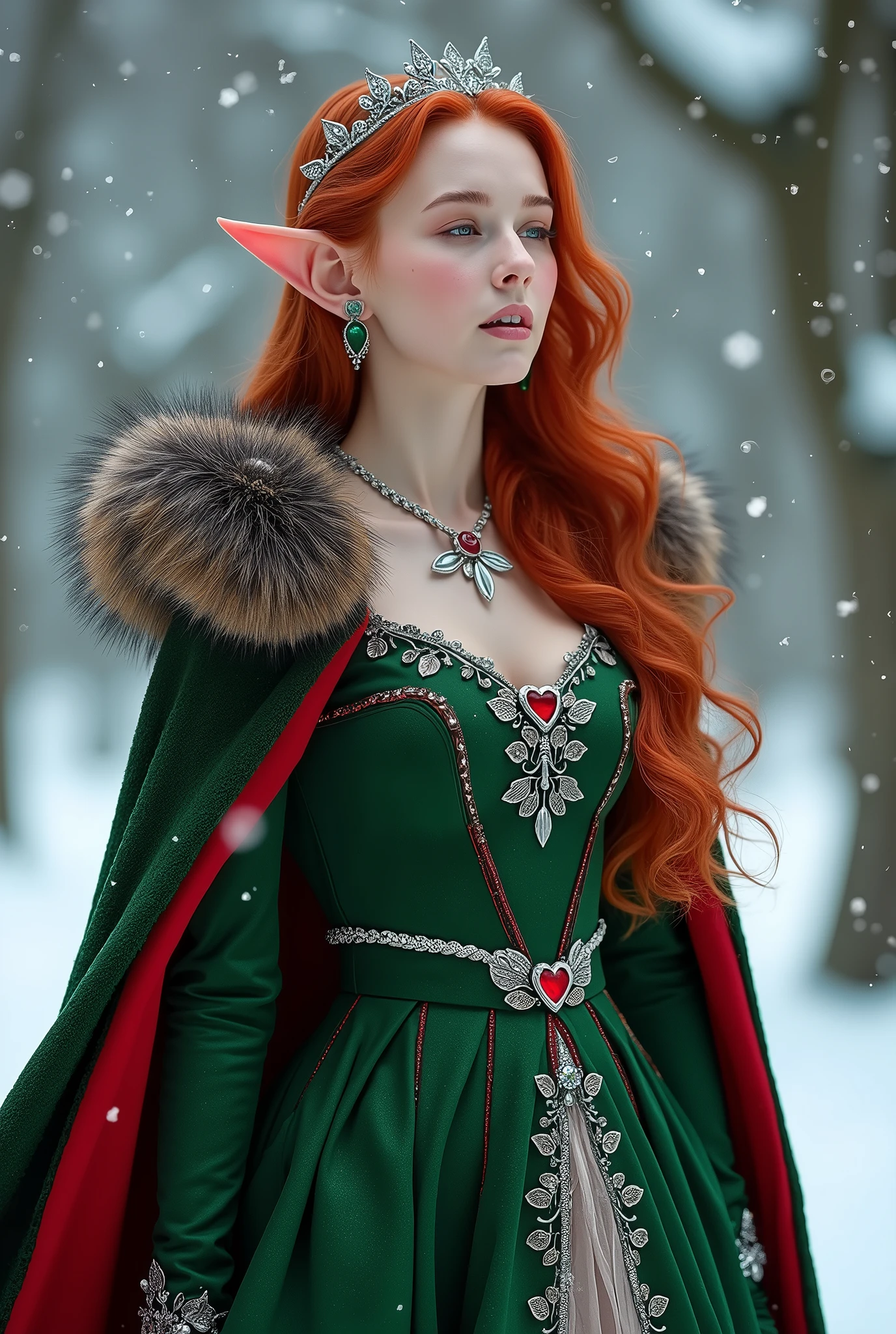 In this snowy holiday scene, we see the gorgeous elvin princess, Faerail. The princess has flowing red hair and is wearing a small silver holly-patterned tiara with a heart shaped red gem set in the center. She is wearing an alluring forest green and red holiday ball gown trimmed with a silver holly pattern. She wears a braided silver cord around her waist to accentuate her nubile, hourglass figure and on her feet we see a matching pair of green boots. She is also wearing a beautiful silver necklace with a Red gem set in the center and matching earrings in her delicate pointed ears. Over her gown, she wears a forest green, fur-lined cloak with a red lining. She is the picture of beauty and perfection as she sings to an unseen audience as the snow falls around her. perfect body, perfect hands, gold eyes, c-cup breasts, beautiful, seductive, 8K, Fujifilm, ultrarealistic, action