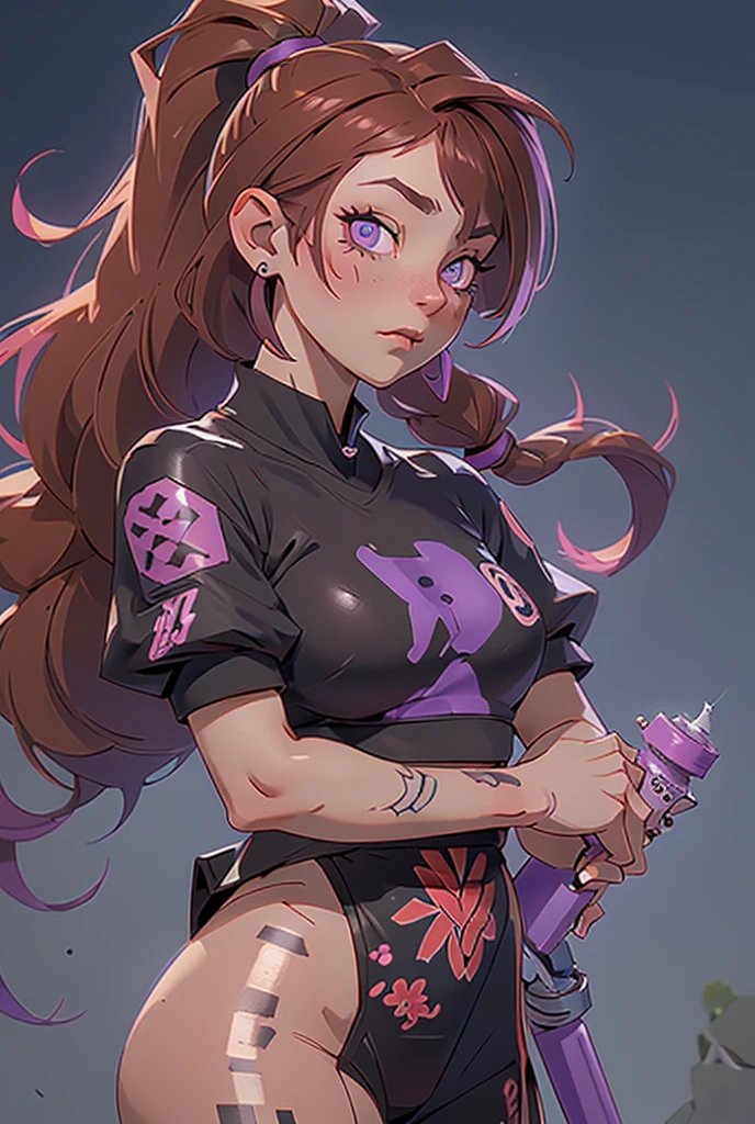 1 woman, cyperpunk style, purple eyes, hair with two pigtails, fringe, reddish brown hair, Japanese tattoos on arms, expression: Sticking out tongue, painted nails, ropa cyperpunk, high resolution, looking at the viewer, jeweler&#39;s, black clothes 