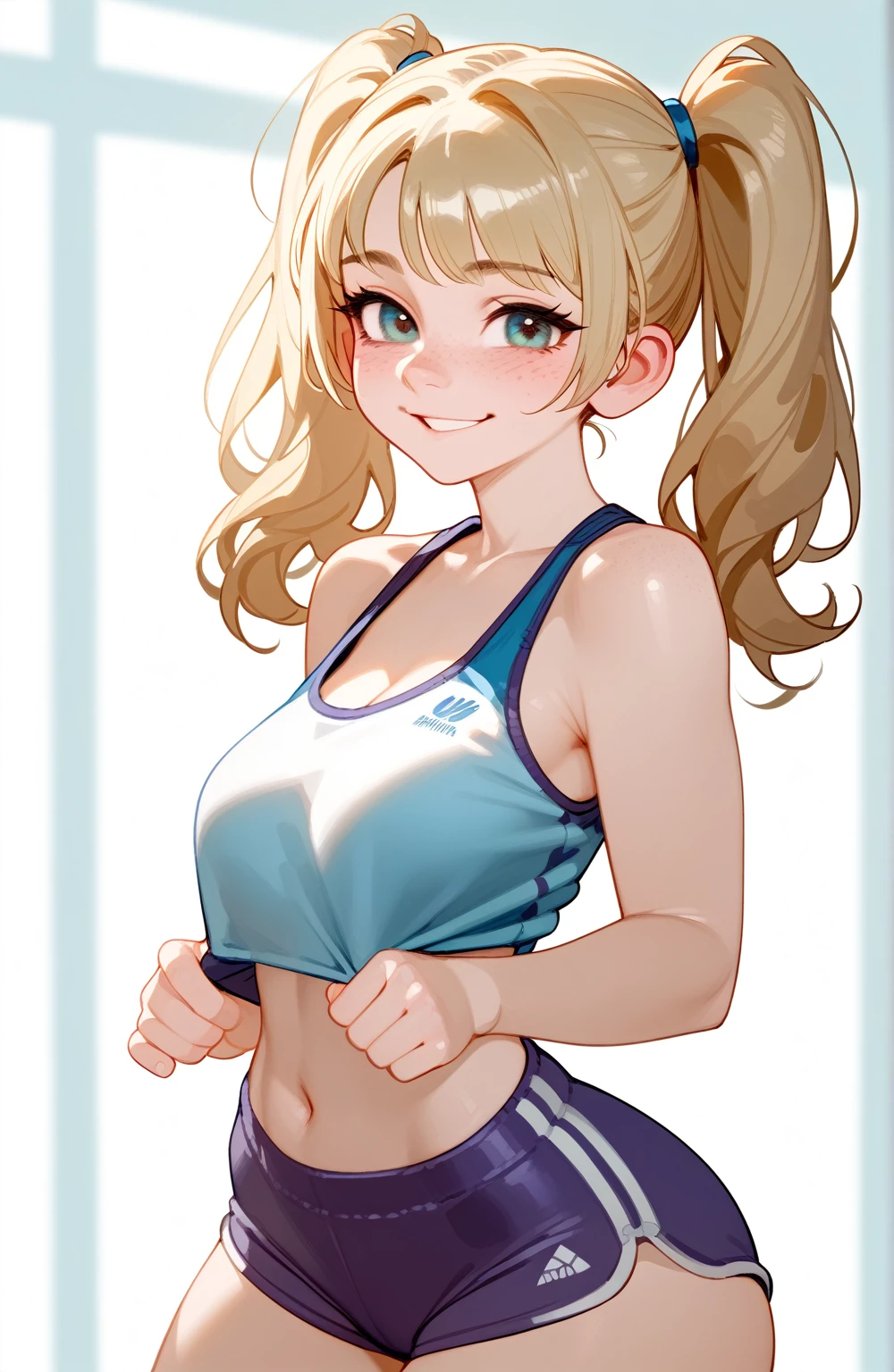 score_9,score_8_up,score_7_up,score_6_up,score_5_up,score_4_up,1girl, pretty girl, shy smile, blond hair, in twintails, pale skin,highly detailed face, cute nose, seductive, freckles, tank top, sport shorts,big bust,wide hips,big ass,bubble ass,athletic legs,juicy ass,hot,horny,seductive sexual pose,uncensored
