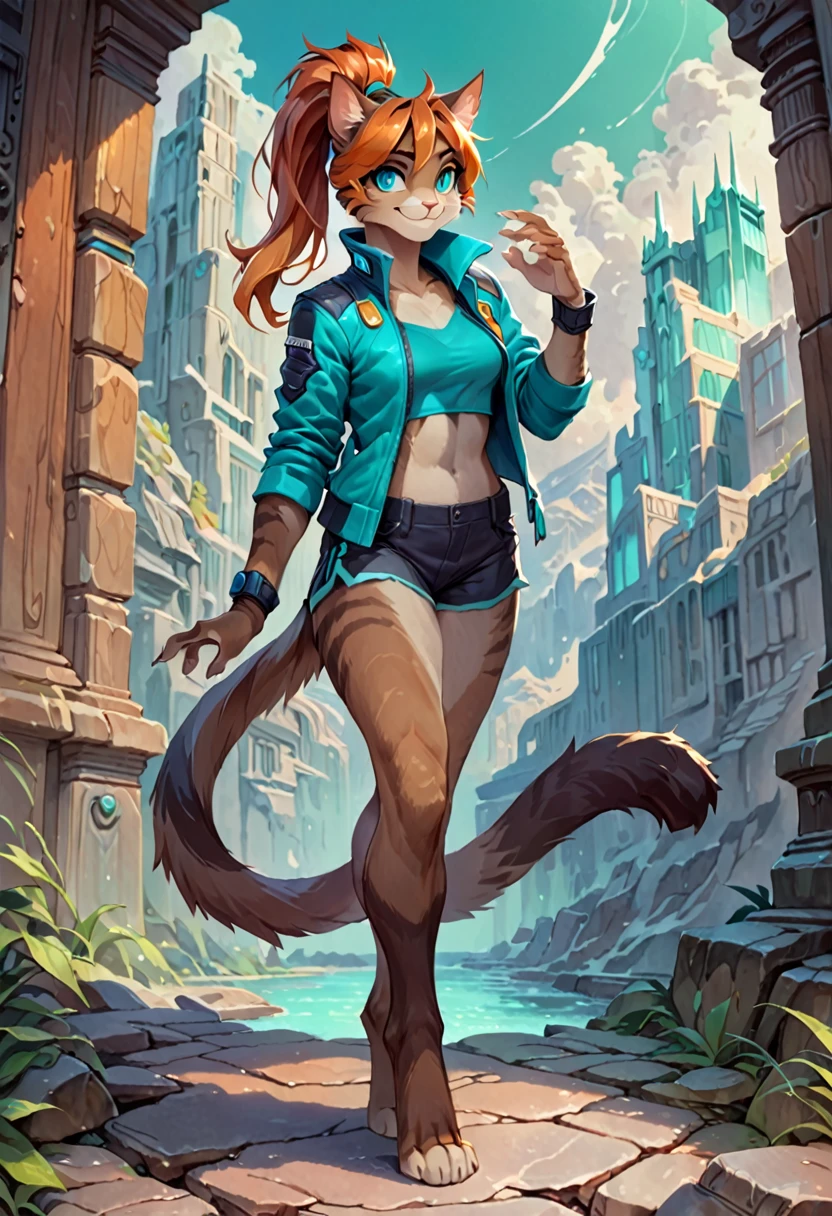 (solo), female anthro cat, ponytail orange hair, brown fur, handsome, turquoise eyes, by null-ghost, smiling, cool, digitigrade,, majestic, modern, shorts, jacket, goggles, 