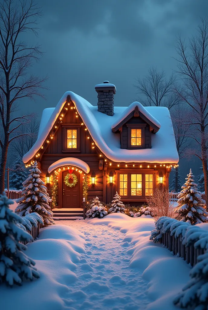 there is a christmas scene with a house with christmas decorations, highly detailed scene, cozy enchanted scene, christmas night, christmas night de inverno nevada, the lights are on in the windows, Realistic fantasy rendering, beautiful rendering of a fairy tale, cozy winter scene fantasy background, immensely detailed scene, the windows are lit, Highly detailed rendering, Winter scenery,I want Christmas decoration, horizontal photo for me to print for a photo background
