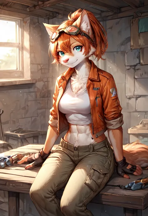 score_9, score_8_up, score_7_up, score_6_up, score_5_up, score_4_up, (solo), female anthro cat, solo, workshop, ponytail orange ...