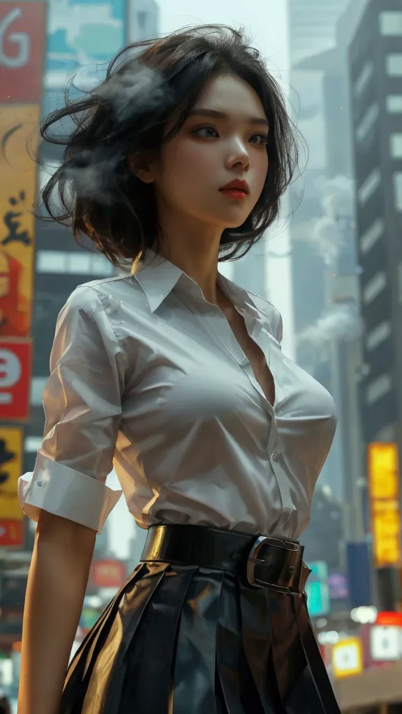 a towering giantess in a white shirt, short sleeves, black color pleated skirt, black belt, looking at viewers, her toned and sh...