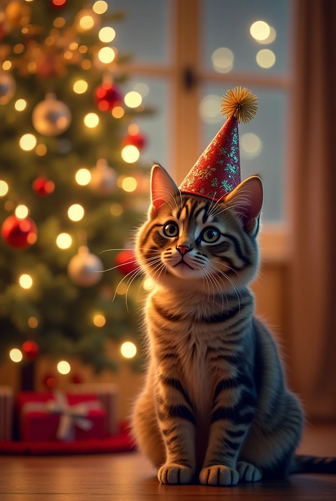 A cat in a New Year&#39;s hat near a Christmas tree 