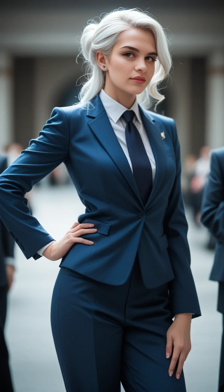 Woman with pony tail white hair, wearing a tailored business suit appropriate for the President, confident stance. The suit is sleek and well-fitted, emphasizing her professional appearance and subtly showcasing her curves. The background is a formal government setting, no futuristic or sci-fi elements. The lighting is cinematic, with vibrant colors and depth of field, highlighting her authority and elegance as a leader. High quality, ultra-detailed, 4K, 8K, anatomically accurate, masterpiece, best quality.