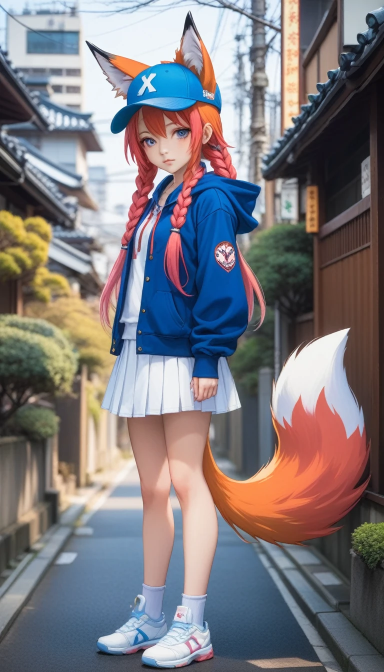 1girl, teenage, (animal ears), straight-on, full body, looking at viewer, hair between eyes, hair ornament, multicolored hair, twin braids, fox tail, (multiple tails:1.3), badge, bangs, (blue baseball cap:1.2), clothes writing, white clothes, hood, hood down, standing, long sleeves, closed mouth, (blue skirt:1.05), solo, (light blush:0.9), bare tree, building, city, cityscape, day, outdoors, street, tokyo (city), tree