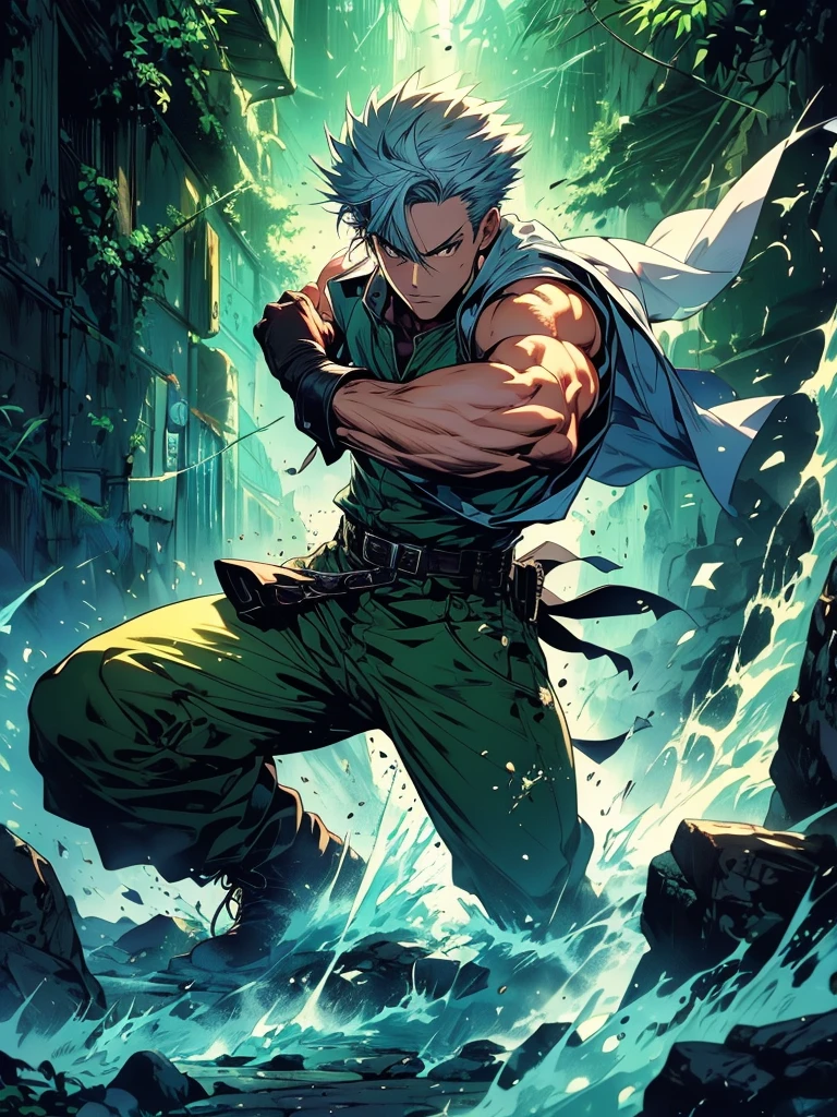 2 anime style wizard man, emanating ice energy, White and spiky hair, yellow eyes, Wearing a white button down shirt, wearing green pants, Wearing a brown belt, Wearing brown boots, wearing half finger tactical gloves, vestindo shoulder holster marrom com uma faca, fighting stance, Action scene, Create a forest background; ((improve the face)); ((high quality)); ((Improve hands)); ((full body)); ((Action scene)); ((fighting pose)); ((epic scene)); ((Improve face)); ((improve hands)); ((full body)); ((gray hair)); ((Kento Nanami style)); ((cena poster)); ((wearing tactical gloves)); ((full HD)); Action scene, Combat, cena poster, fighting stance, ice energy being emanated, ((improve arms)), ((8k Rendering)), blue energy,