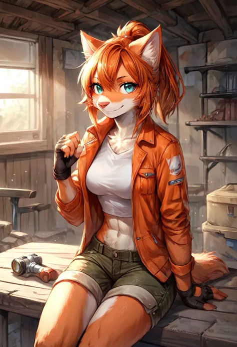 score_9, score_8_up, score_7_up, score_6_up, score_5_up, score_4_up, (solo), female anthro cat, solo, workshop, ponytail orange ...