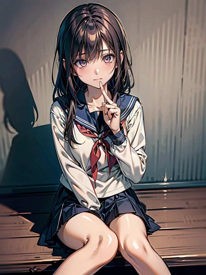 masterpiece, Best Quality, High resolution,Alone, Accurate human body、Correct 5 fingers,Anime girl、Sitting with legs crossed, Holding his finger,Hollow Eyes,1 girl,Japanese girls uniform, Japanese School Uniform, High school girl, Seifuku, Anime Girl Cosplay, beautiful anime high High school girl, JK uniform, Girl in uniform, wearing Japanese School Uniform, Simple light background, Uniform soft illumination, Shadows are minimal, Quiet and tranquil atmosphere, Front View, Shallow depth of field, Well-balanced exposure