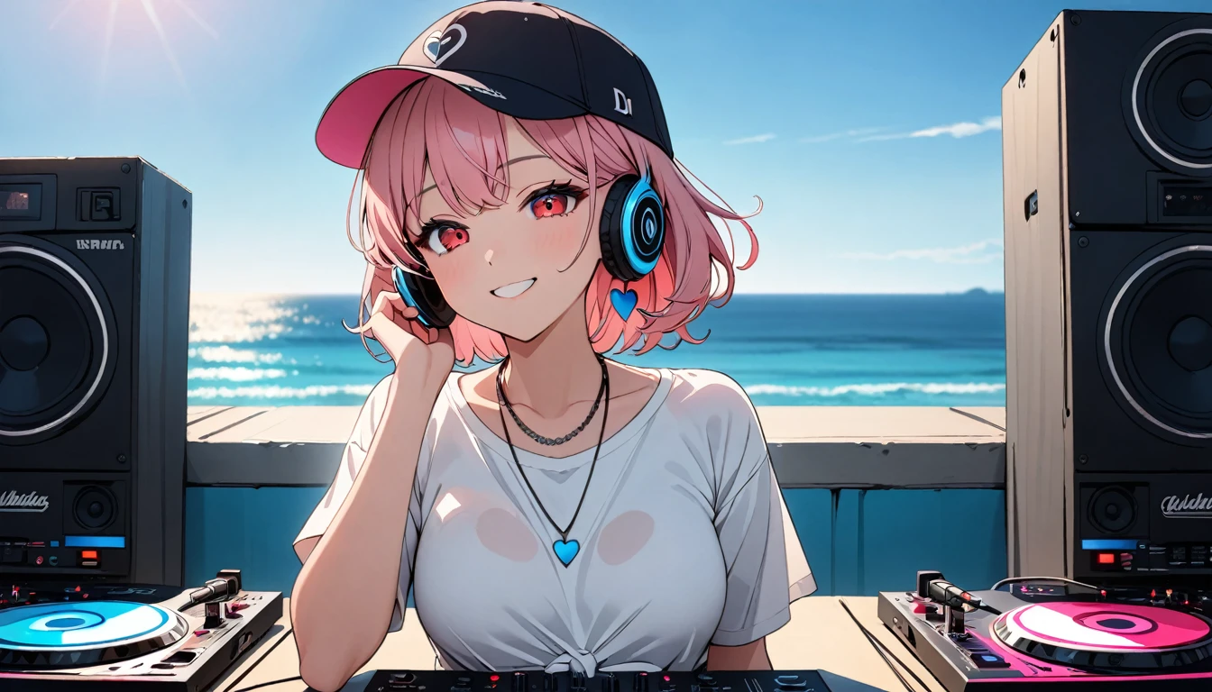 (high quality, 8k, 4K, High Contrast, masterpiece:1.2, 最high quality, Best aesthetics),high angle shot, ((1 female:1.4)),((Operating DJ equipment:1.5)), ((Blue sky seaside background:1.3)), (Loose Fitting White Color Shirt:1.1), (Simple Baseball Cap) ,DJ headphones, ((Flat Color)),High Contrast, Contrasting colors, , Pale pink and blue lighting,Pink Hair, Red eyes, Denim shorts, Looking at the audience, (The best smile), Sleepy eyes, ((Short Hair)) , (Tied Hair), Small heart-shaped earrings in both ears, Bright eyeshadow, necklace,Young