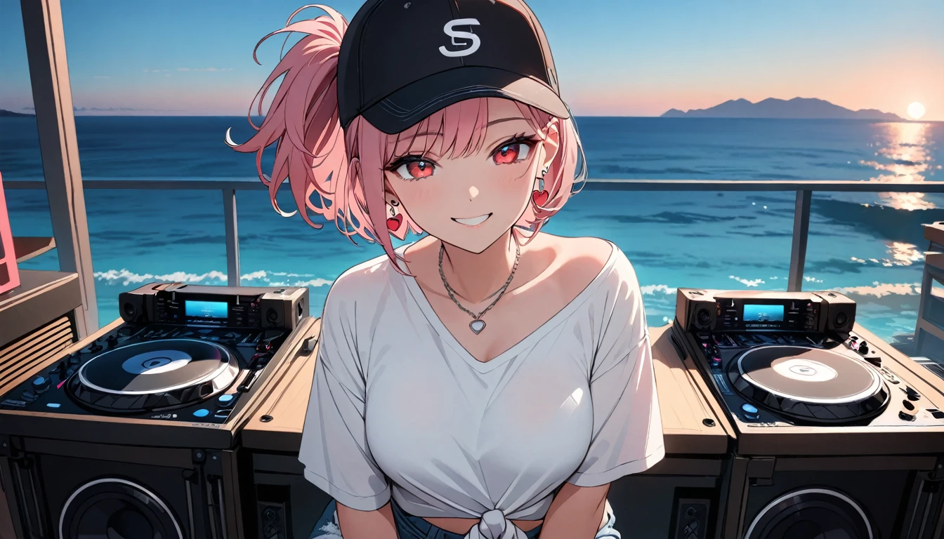 (high quality, 8k, 4K, High Contrast, masterpiece:1.2, 最high quality, Best aesthetics),high angle shot, ((1 female:1.4)),((Operating DJ equipment:1.5)), ((Blue sky seaside background:1.3)), (Loose Fitting White Color Shirt:1.1), (Simple Baseball Cap) ,DJ headphones, ((Flat Color)),High Contrast, Contrasting colors, , Pale pink and blue lighting,Pink Hair, Red eyes, Denim shorts, Looking at the audience, (The best smile), Sleepy eyes, ((Short Hair)) , (Tied Hair), Small heart-shaped earrings in both ears, Bright eyeshadow, necklace,Young