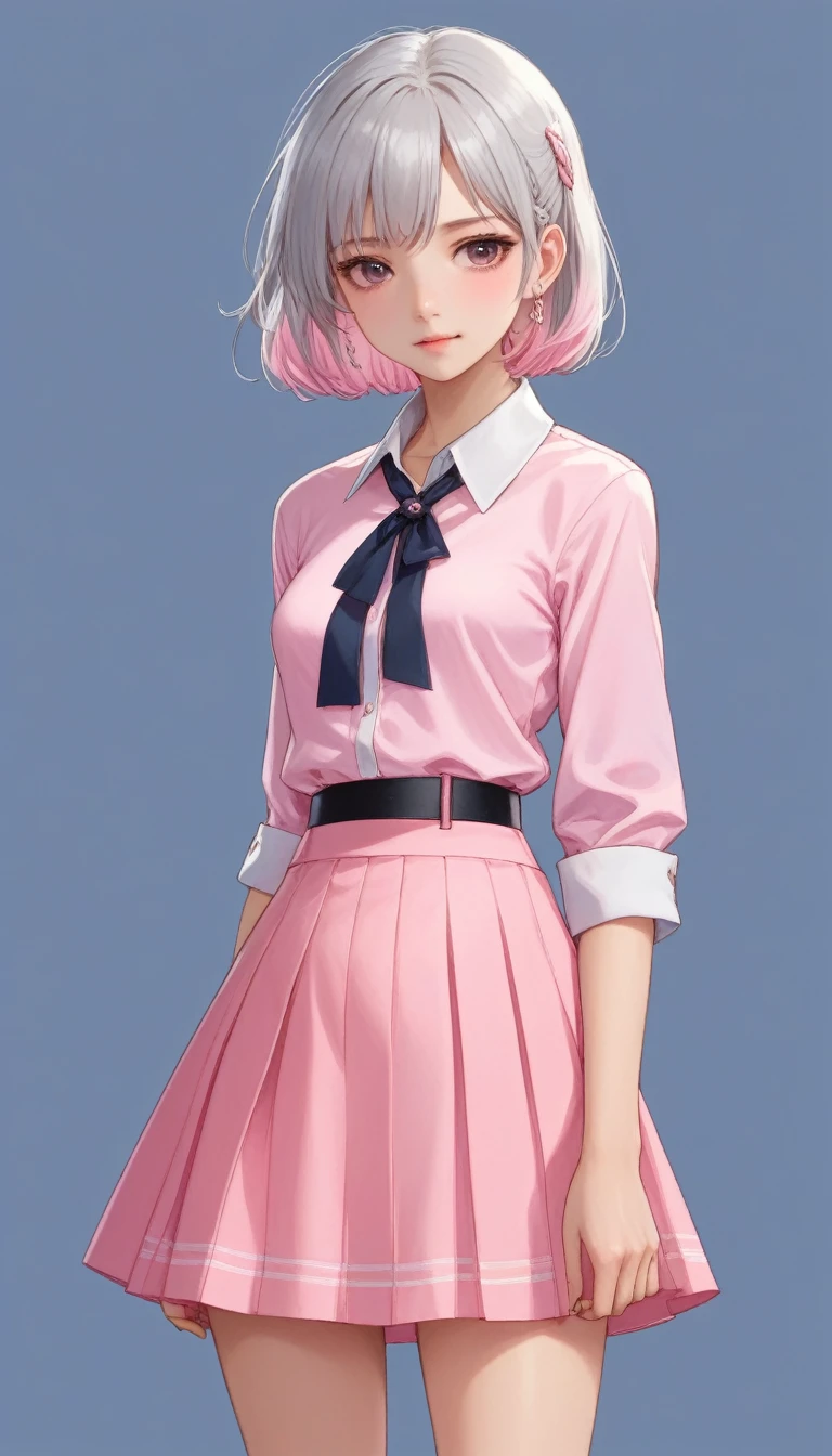 masterpiece,best quality,upper body,1girl, slightly small breasts,collared_shirt and flared_skirt as material2,pink theme,g-pen \(medium\),lineup,sideways mouth,first-person view, silver hair