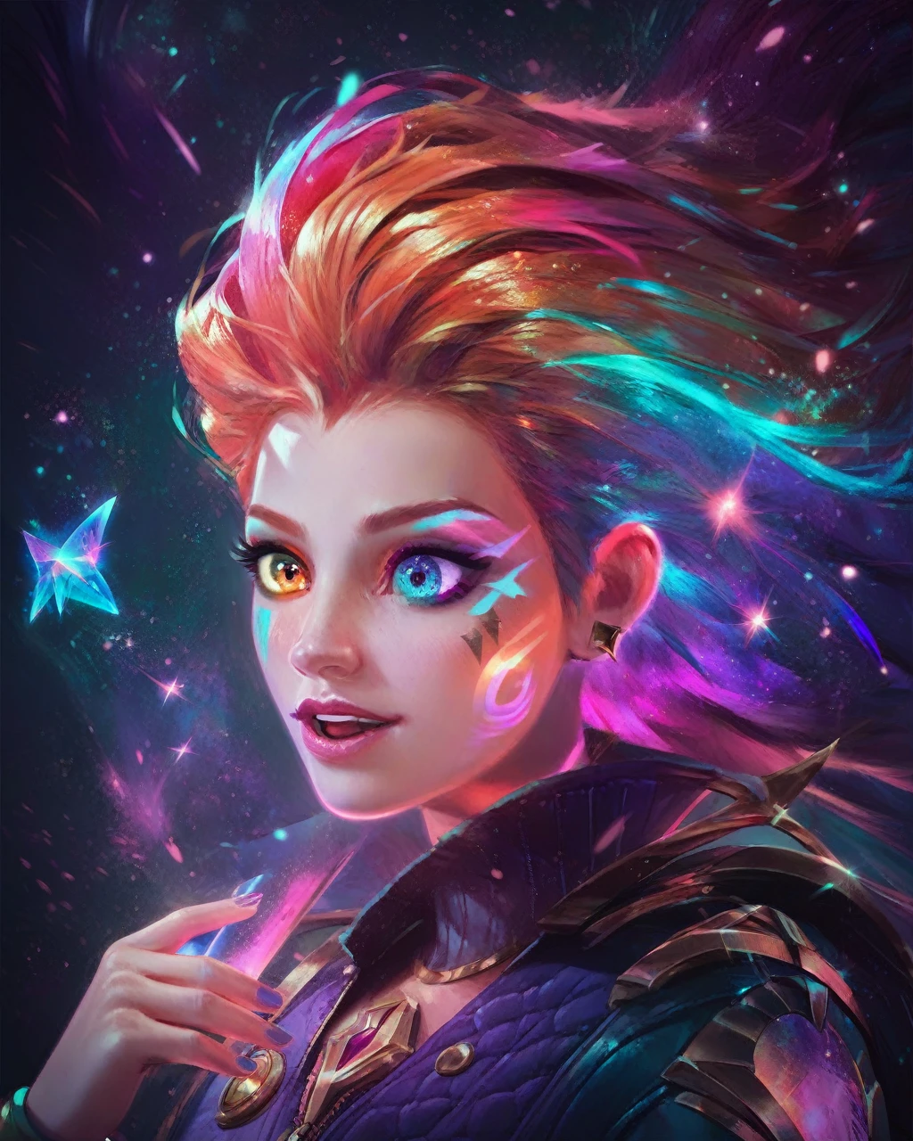 Masterpiece, best quality, score_9, score_8_up, score_7_up, score_6_up, masterpiece, best quality, Adorable Character 1girl zoe, (heterochromia), long multi colored hair, league of legends, Establishing shot, Wide Shot, ZIP2D