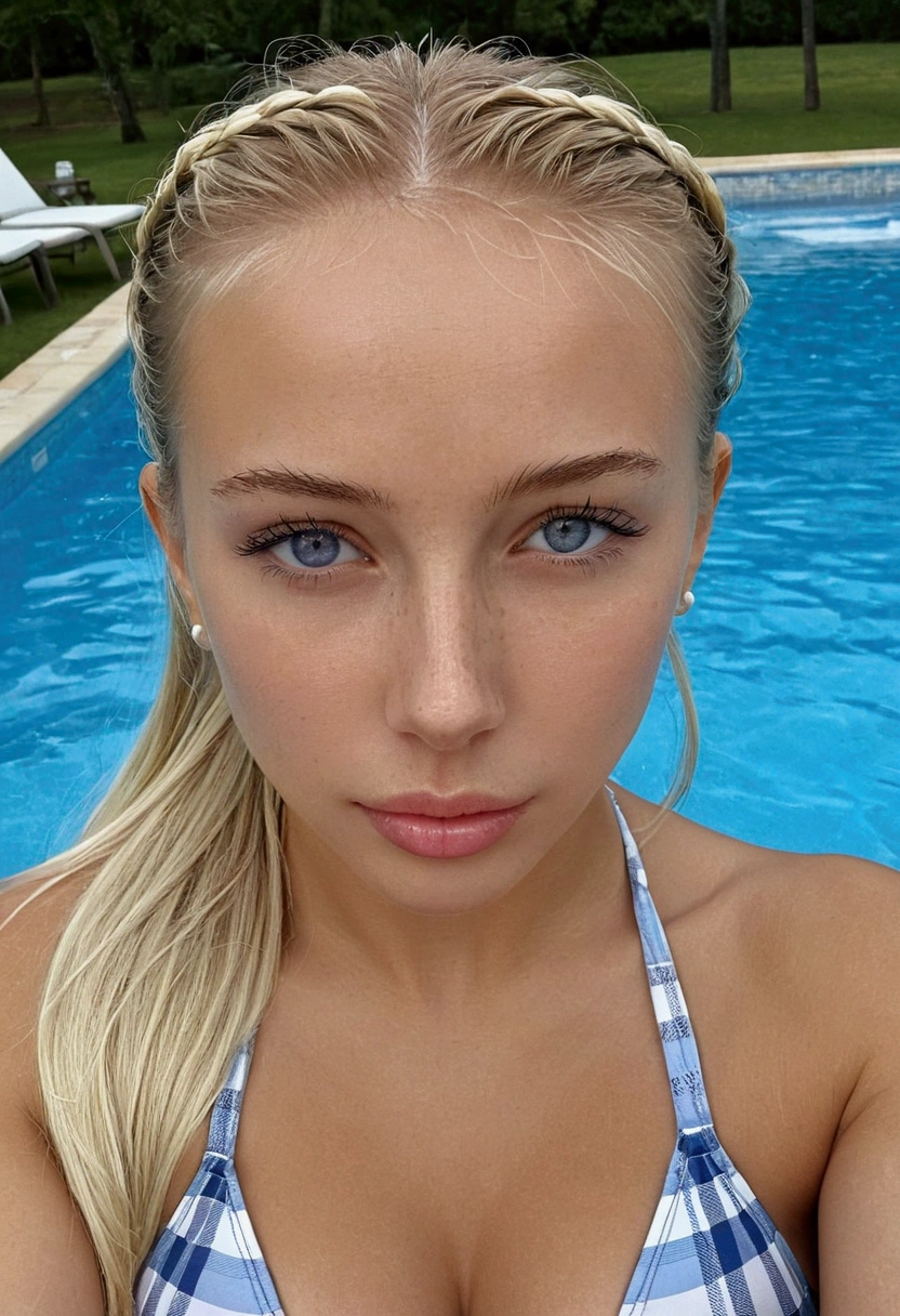 1 young woman, but it looks like it&#39;s 15. Rich girl style. Russian. Light blonde hair with white highlights, straight and with ponytail. Your hair is wet. Blue-gray eyes. Full lips. small and firm breasts. Wears Pandora style bracelets on her wrists. She is wearing a light blue plaid bikini. She has long nails painted in a French manicure. She is posing inside the pool leaning on the edge. selfie style photo.