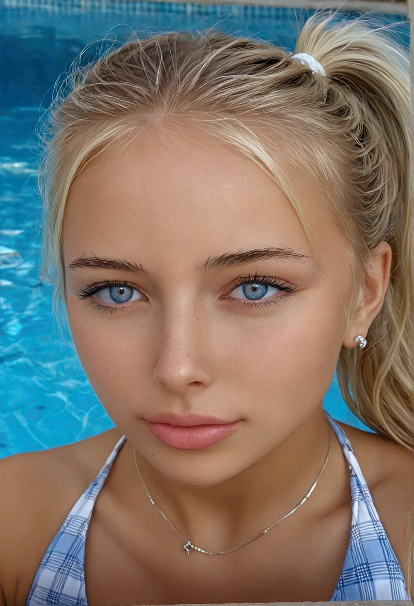 1 young woman, but it looks like it&#39;s 15. Rich girl style. Russian. Light blonde hair with white highlights, straight and with ponytail. Your hair is wet. Blue-gray eyes. Full lips. small and firm breasts. Wears Pandora style bracelets on her wrists. She is wearing a light blue plaid bikini. She has long nails painted in a French manicure. She is posing inside the pool leaning on the edge. selfie style photo.