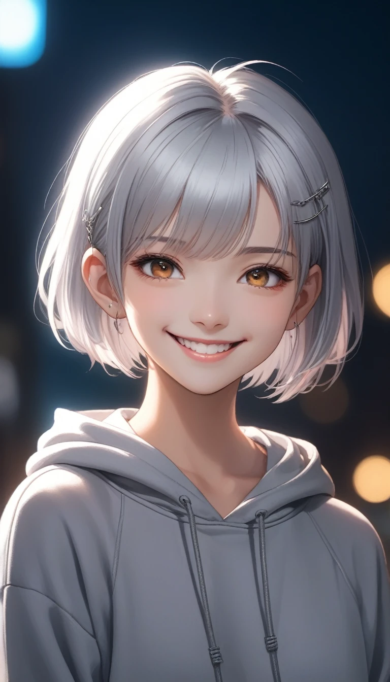 Best Quality, masutepiece,4k 8k wallpaper, 1girl in, Shorthair, Silvery hair、Hairpin, Hoodie, (((Close-up photos))),  (((monochromes:1))), backgrounddigital, ((a smile)), Looking at Viewer, Glowing eyes, gloweyes, halfbody