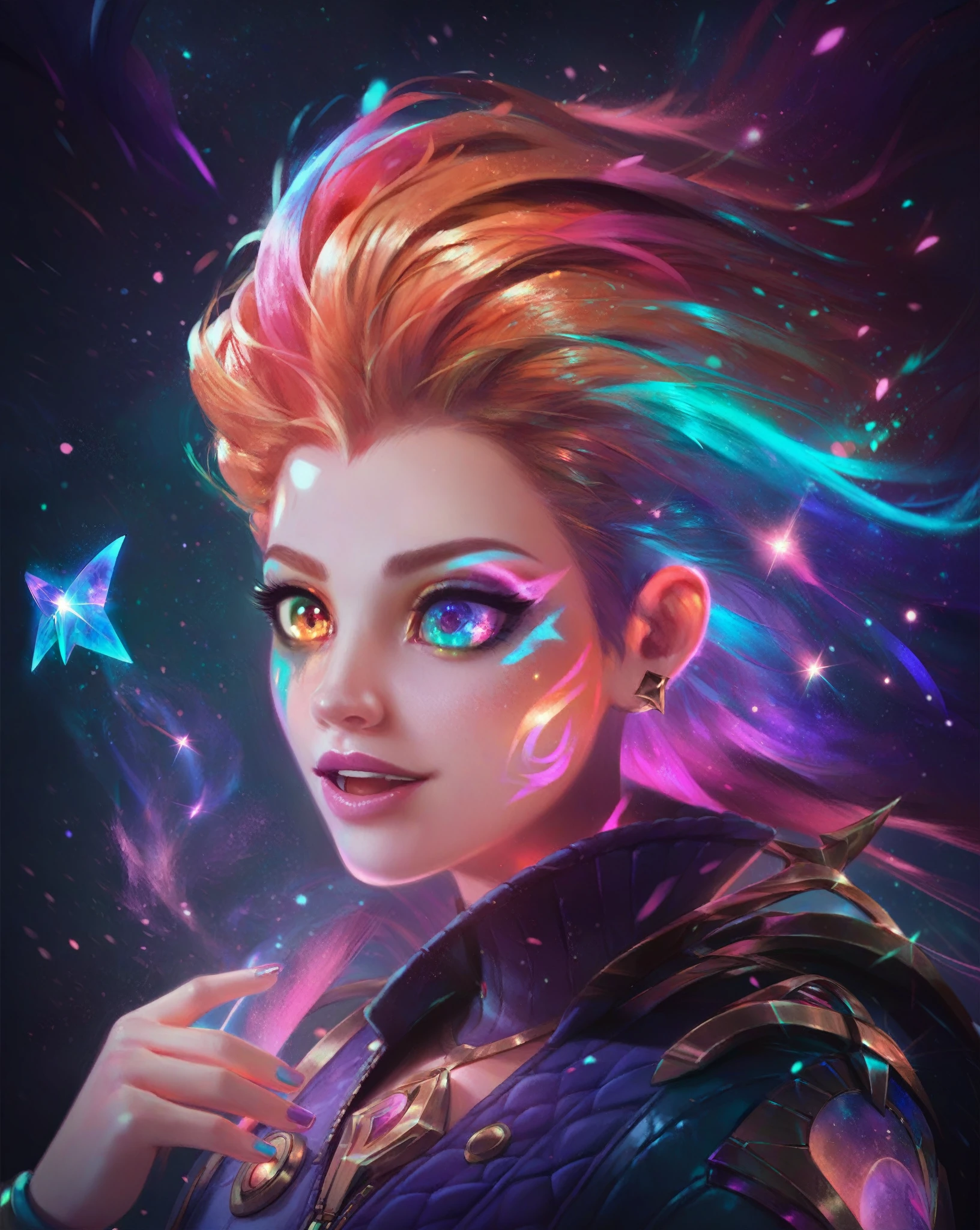 Masterpiece, best quality, score_9, score_8_up, score_7_up, score_6_up, masterpiece, best quality, Adorable Character 1girl zoe, (heterochromia), long multi colored hair, league of legends, Establishing shot, Wide Shot, ZIP2D