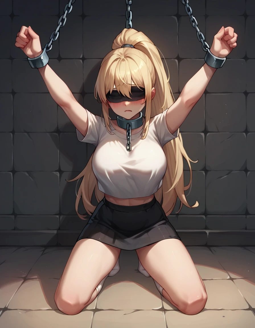 ((1 girl)), black skirt, very White cropped t shirt, White high socks, blonde Long Hair, ponytail, blue eyes with Long eyelaches, detailed beautiful face, very big breasts, kneeling in a prison cell, Chakles, chains, w-w-chain, spread arms, blushing, verlegener Gesichtsausdruck, cute, Metal collar, Chain leash, hands over the head, detailed face, Wrists bound together, Ankles bound together, black blindfold