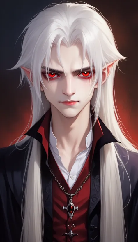 vampire kid, young, cute, young vampire , white hair long hair, red eyes, aloof expression, portrait