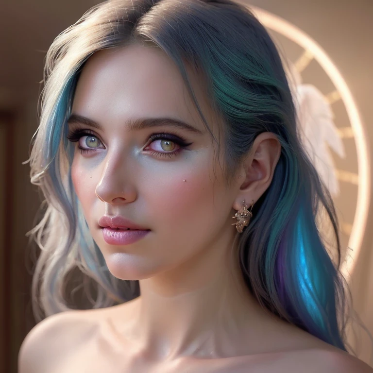 a angel celestial being con alas, highly detailed intricate features, glowing eyes, iridescent skin, flowing celestial hair, celestial patterns, ethereal and otherworldly, beautiful detailed face,8k, ultra-detailed, photorealistic, masterpiece, dynamic lighting, dramatic lighting, cinematic lighting, volumetric lighting, dramatic shadows, vibrant colors, cosmic, surreal, digital art, rayos, bastante iluminacion, wet